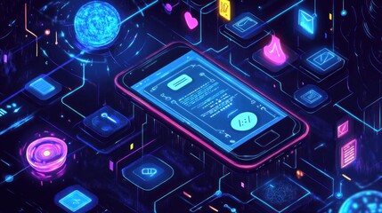 Leinwandbilder - Glowing phone on futuristic circuit board with various interface icons.