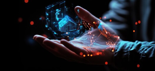 Poster - Hand holding 3D hologram house.