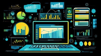 Poster - Data analytics dashboard on laptop screen with charts, graphs.