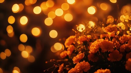Fototapete - Orange flowers and blurry golden lights.
