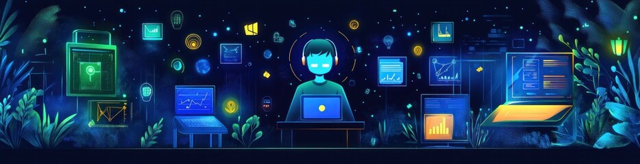 Leinwandbilder - Person works online, surrounded by data and tech.