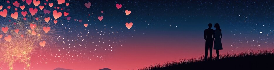 Aufkleber - Romantic silhouettes watching heart shaped lanterns at twilight.