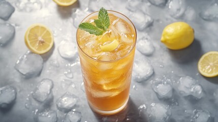 Poster - Iced tea with lemon and mint on ice.