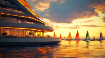 Poster - Sunset view of yacht with sailboats in golden light.