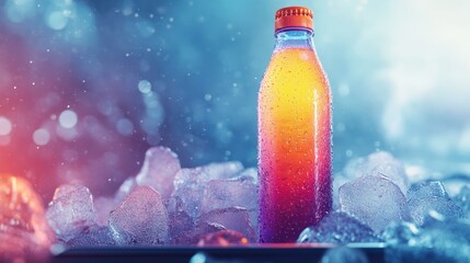 Poster - Cold, vibrant drink bottle rests on ice.
