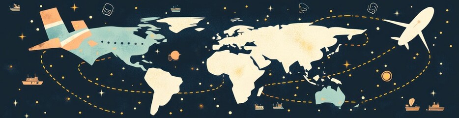 Aufkleber - World travel map with airplanes,ships, and stars against dark background.