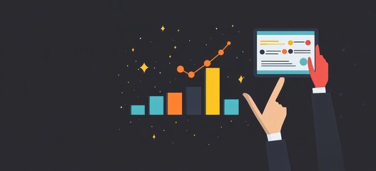 Aufkleber - Bar chart progress, hands holding a digital dashboard, dark background.
