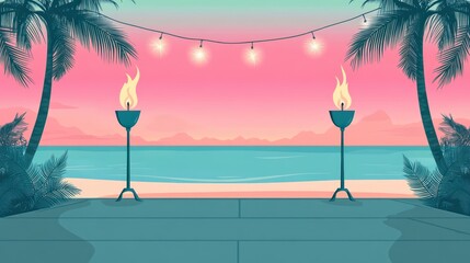 Poster - Tropical beach scene with torch lights and string lights at sunset.