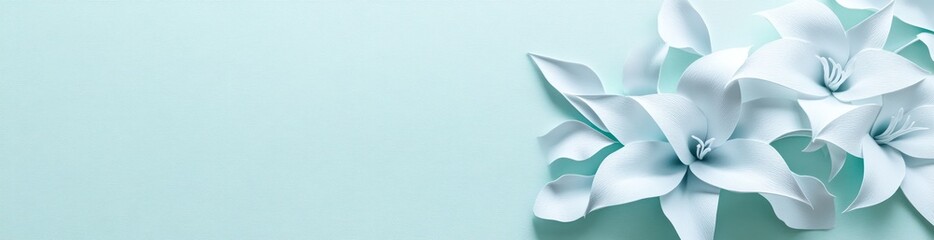 Poster - Light blue paper lily flowers on a soft pastel background.