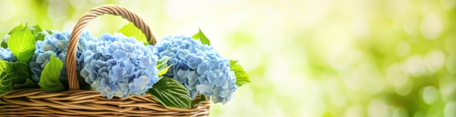 Aufkleber - Blue hydrangeas in a wicker basket against a blurred green background.