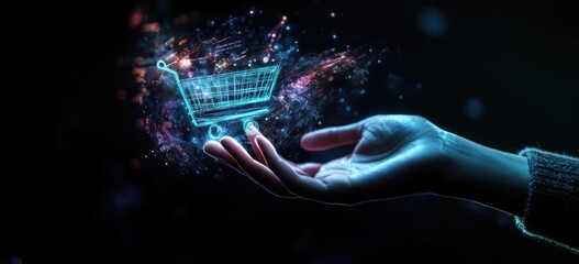 Aufkleber - Hand holding a glowing, digital shopping cart.