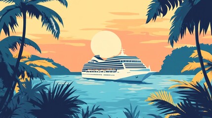 Poster - Cruise ship sails at sunset, palm trees surround calm ocean scene.
