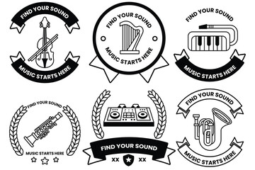 Wall Mural - set of illustrations in the concept of a musical instrument store in line illustration style