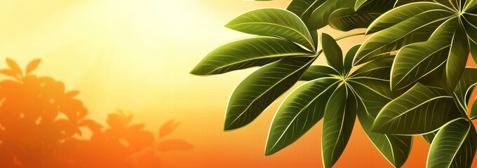 Aufkleber - Lush green foliage against a warm, glowing background, with leaf shadows.