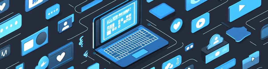 Leinwandbilder - Laptop with digital media icons isometric view.