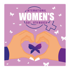 Wall Mural - International Women's Day banner with heart-shaped hands and butterfly symbols.