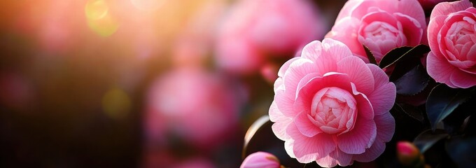 Poster - Close-up of pink camellia blooms in golden light.