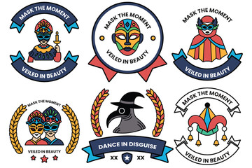 Wall Mural - set of illustrations in the concept of masks and parties in line illustration style