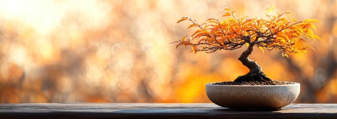 Aufkleber - Bonsai tree with autumn leaves, soft bokeh background.