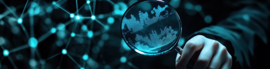 Leinwandbilder - Hand holds magnifying glass over blue network data.