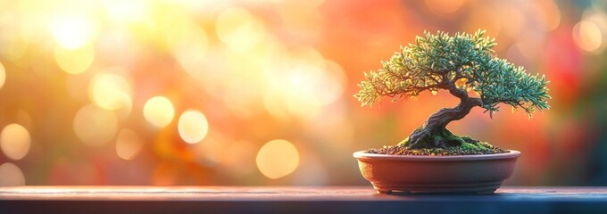 Aufkleber - Bonsai tree in a pot against blurred light background, serene.