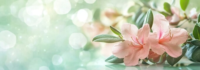 Aufkleber - Pink flowers and leaves on a bokeh light background.