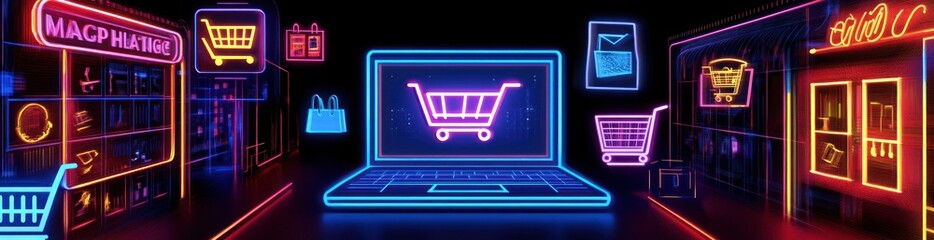 Aufkleber - Neon online shop with laptop.