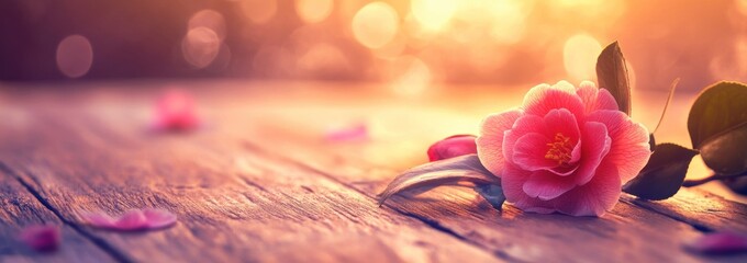 Aufkleber - Pink flower, petals on aged wood, soft light, bokeh background.