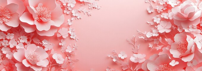Fototapete - Pink floral design with layered flowers and leaves.