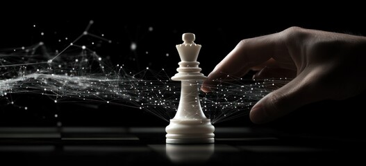 Poster - Hand moves chess queen, digital network visual on black board.