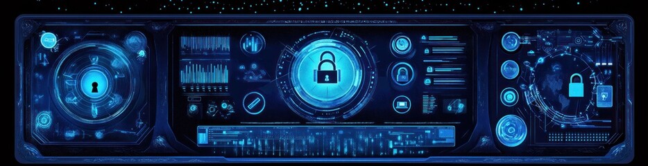 Aufkleber - Glowing blue sci-fi panel with lock symbols and data graphs.