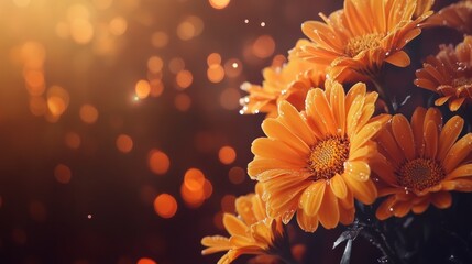 Fototapete - Orange daisy flowers with water droplets, bokeh background.