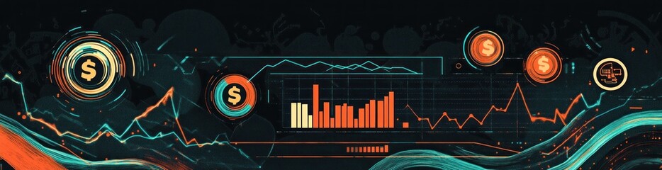 Aufkleber - Financial charts with dollar icons on a dark techy background.