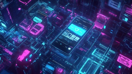 Aufkleber - Smartphone app shopping display on digital circuit background.