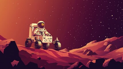 Aufkleber - Astronaut in rover explores red planet surface, stars above.