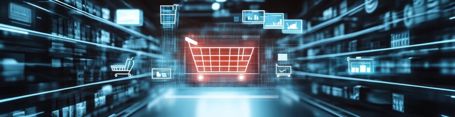 Aufkleber - Digital shopping cart in an aisle of shelves, glowing, with icons.