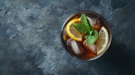 Poster - Iced tea with lemon, mint in glass on stone background from above.
