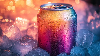 Poster - Chilled drink can in ice, vibrant colors, condensation.