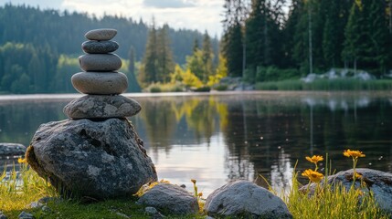 Aufkleber - Balanced stack of stones near lake with forest.