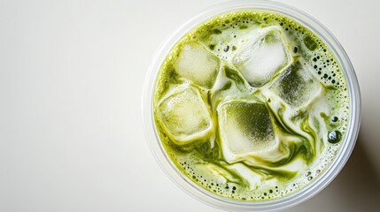 Poster - Iced matcha latte with swirls, in plastic cup overhead view.