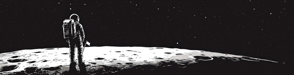 Poster - Astronaut standing on moon surface, looking at stars in dark sky.
