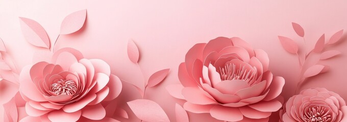 Fototapete - Pink paper flowers, leaves background.