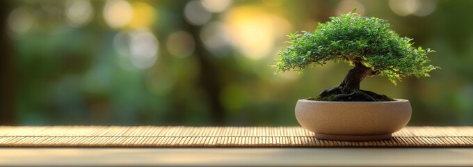 Aufkleber - Bonsai tree in a pot on a bamboo mat, soft bokeh background.