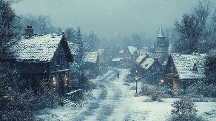 Wall Mural - Snowy Village at Night: A Winter Wonderland