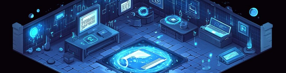 Aufkleber - Isometric futuristic tech room with glowing screens and portals.