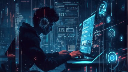 Aufkleber - Young coder working on digital interfaces with futuristic background.