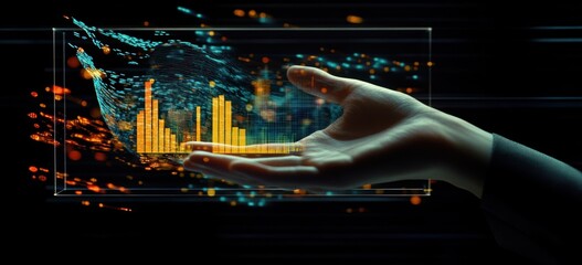 Leinwandbilder - Hand presenting 3d data chart on black background.