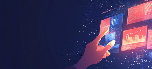Poster - Hand touches digital screens with data.