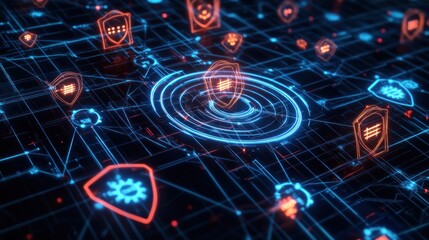 Leinwandbilder - Glowing network with shield icons for security and data protection.
