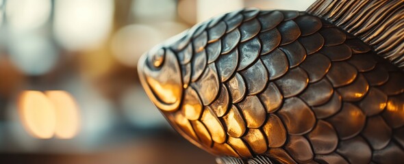 Fototapete - Detailed close-up of a bronze fish statue with blurred lights background.